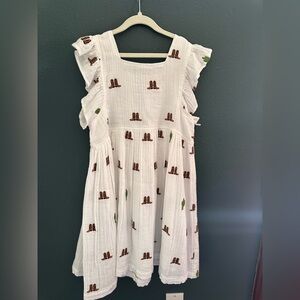 Pink Chicken White Dress with Boot and Cactus Print